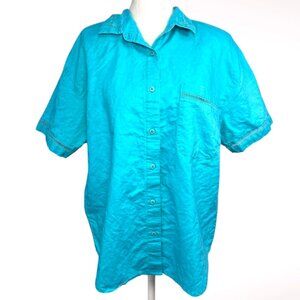 Gitano Ramie Cotton Shirt Turquoise Short Sleeve Button Up Small
